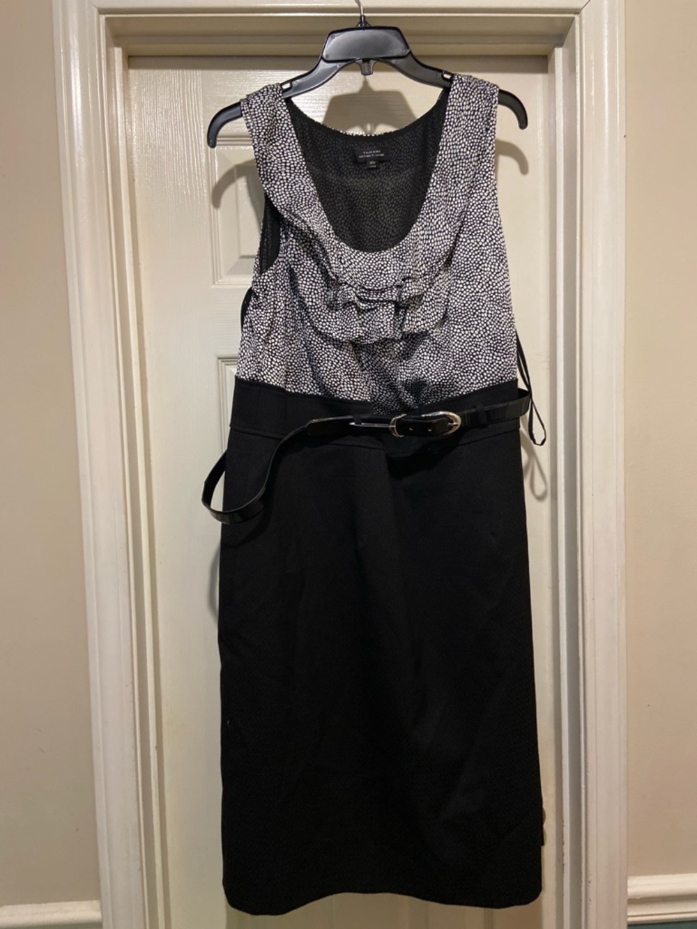 Tahari Black and White Sleeveless Belted Midi Dress
